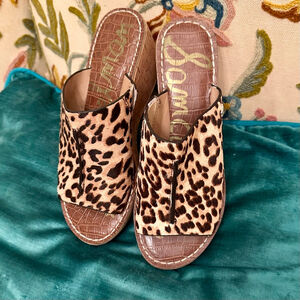 Women's Sam Edelman Leopard Print Calf Hair Cork Wedge Sandals 7.5 Brown/Beige